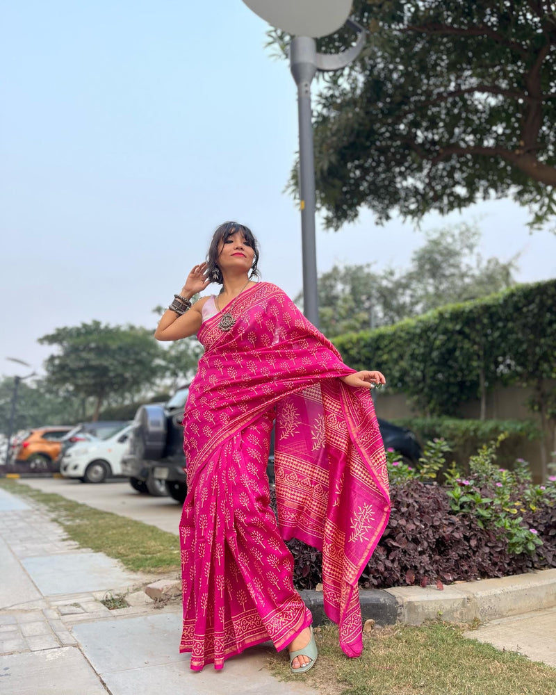 best pink chanderi handblock print saree