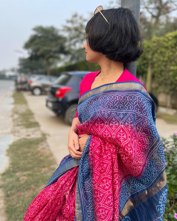 buy pink blue maheshwari handblock print saree