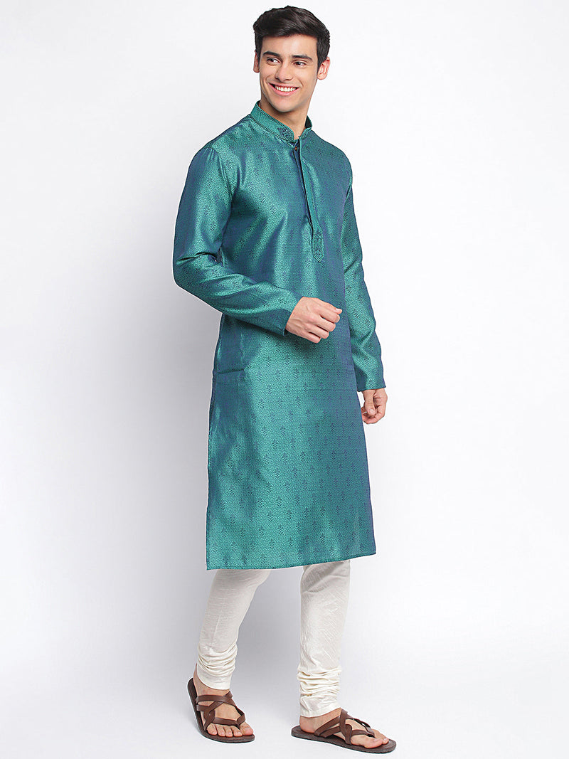 deep green woven pattern straight kurta for men online
