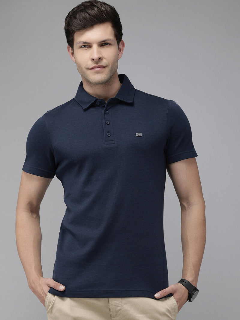 men royta navy blue polo collar pure cotton slim fit t-shirt