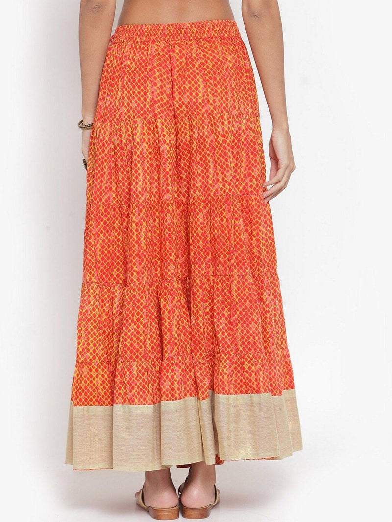 varanga ksut orange beige printed pure cotton flared tiered maxi skirt varanga
