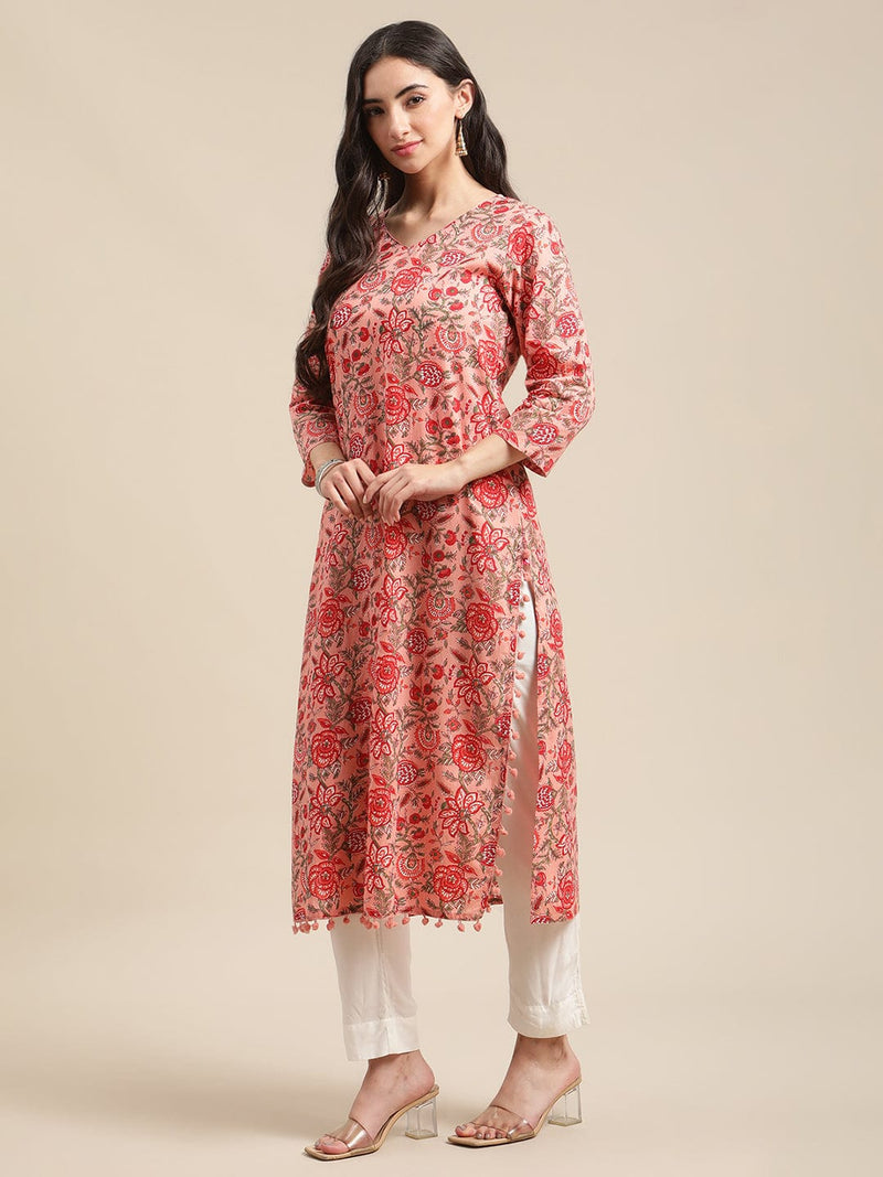 peach floral printed lace embellished kurta with white straight trouser women buy online