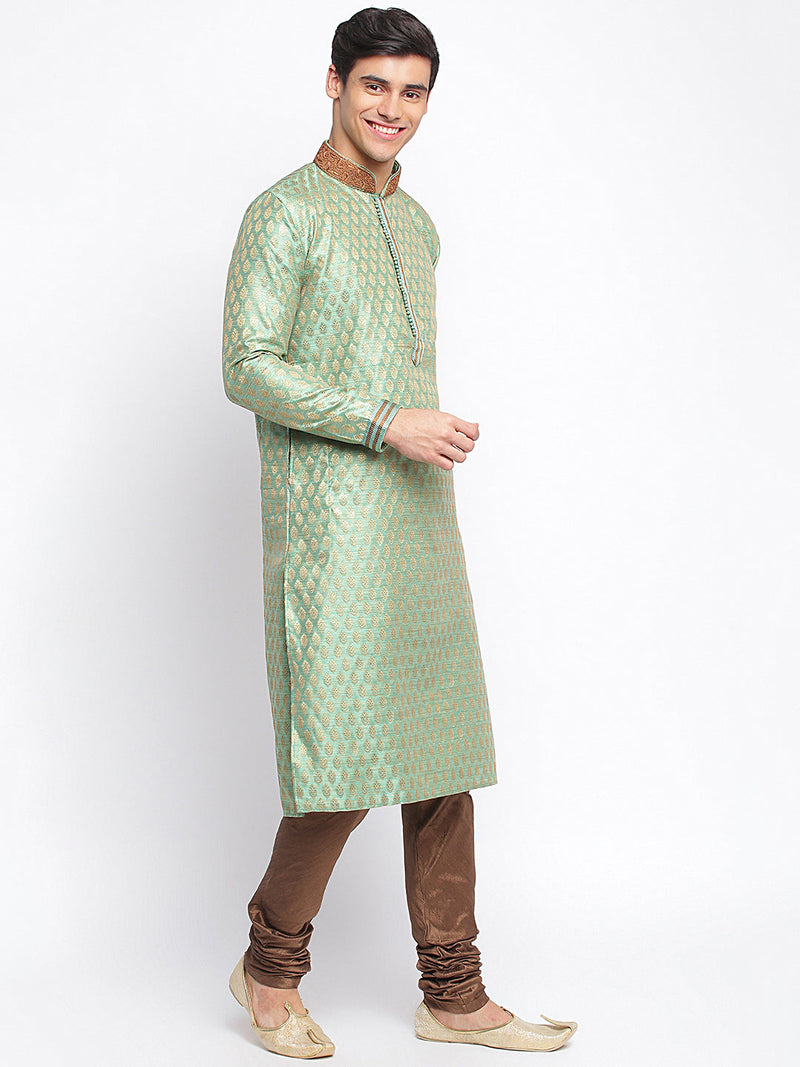 green woven pattern straight kurta for men sanwara