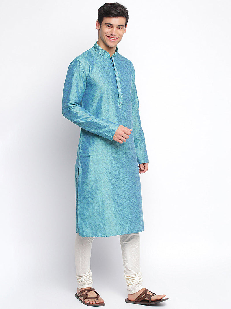 ocean blue woven pattern straight kurta for men online