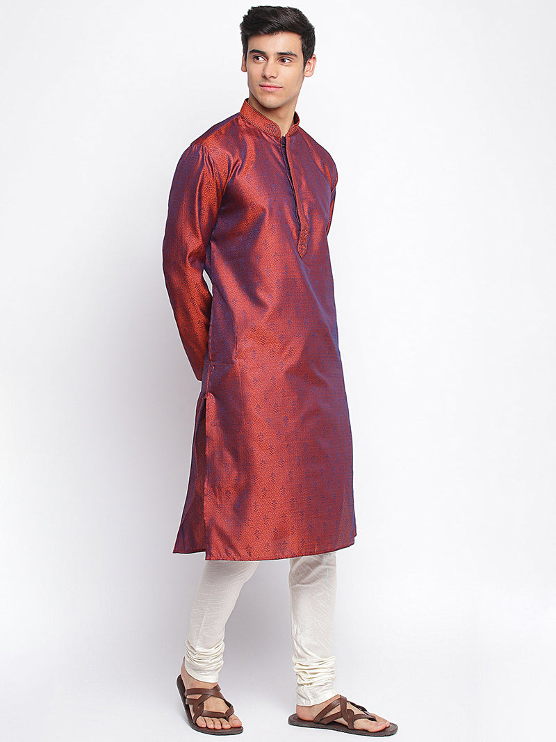 orange woven pattern straight kurta for men online
