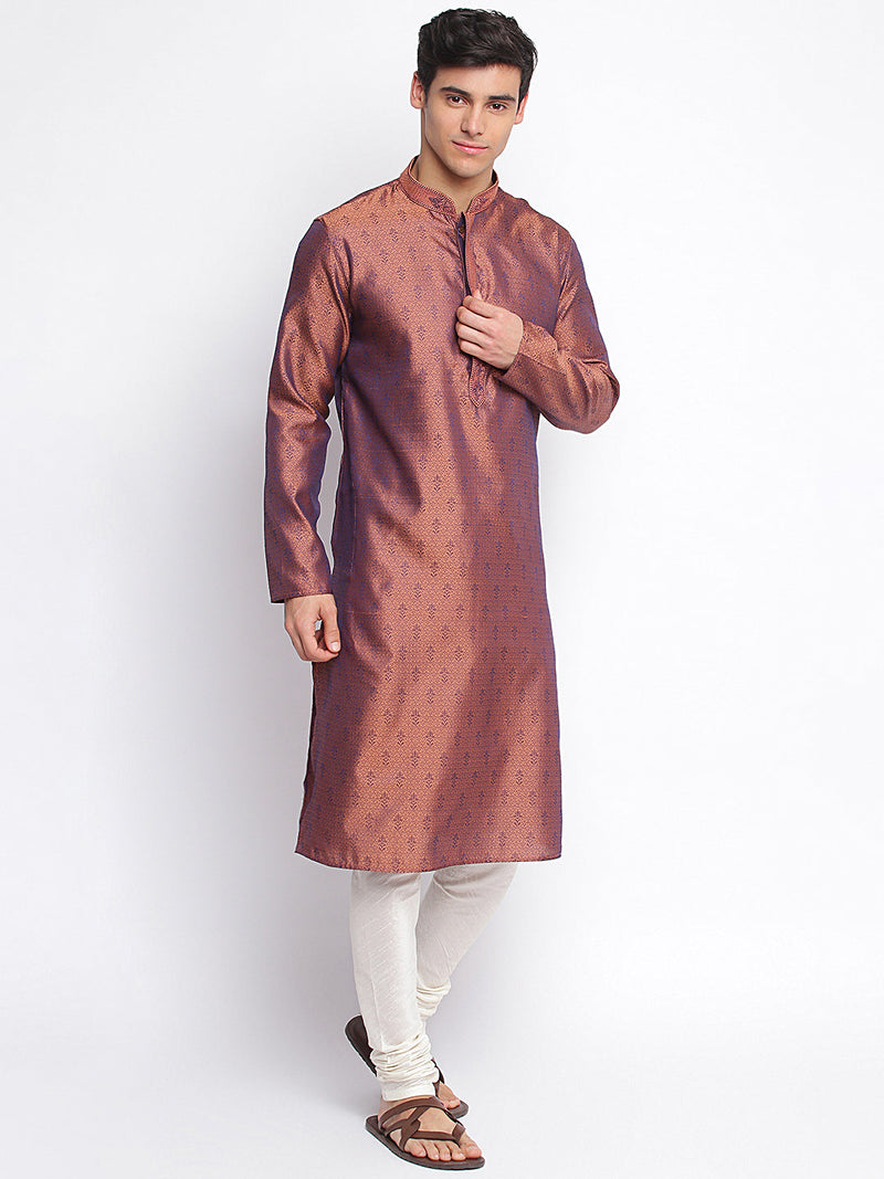 purple woven pattern straight kurta for men sanwara