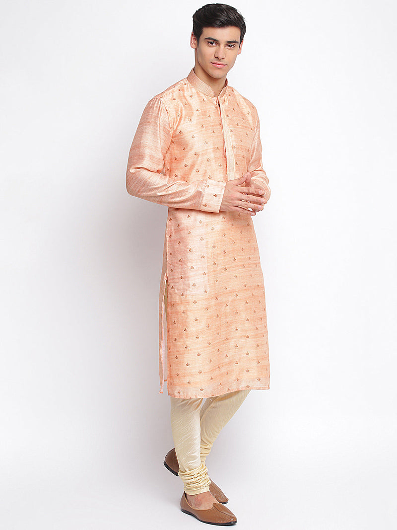 peach woven pattern straight ethnic kurta for men sanwara