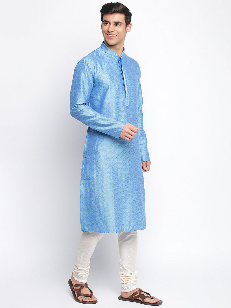 sky blue woven pattern straight kurta for men sanwara
