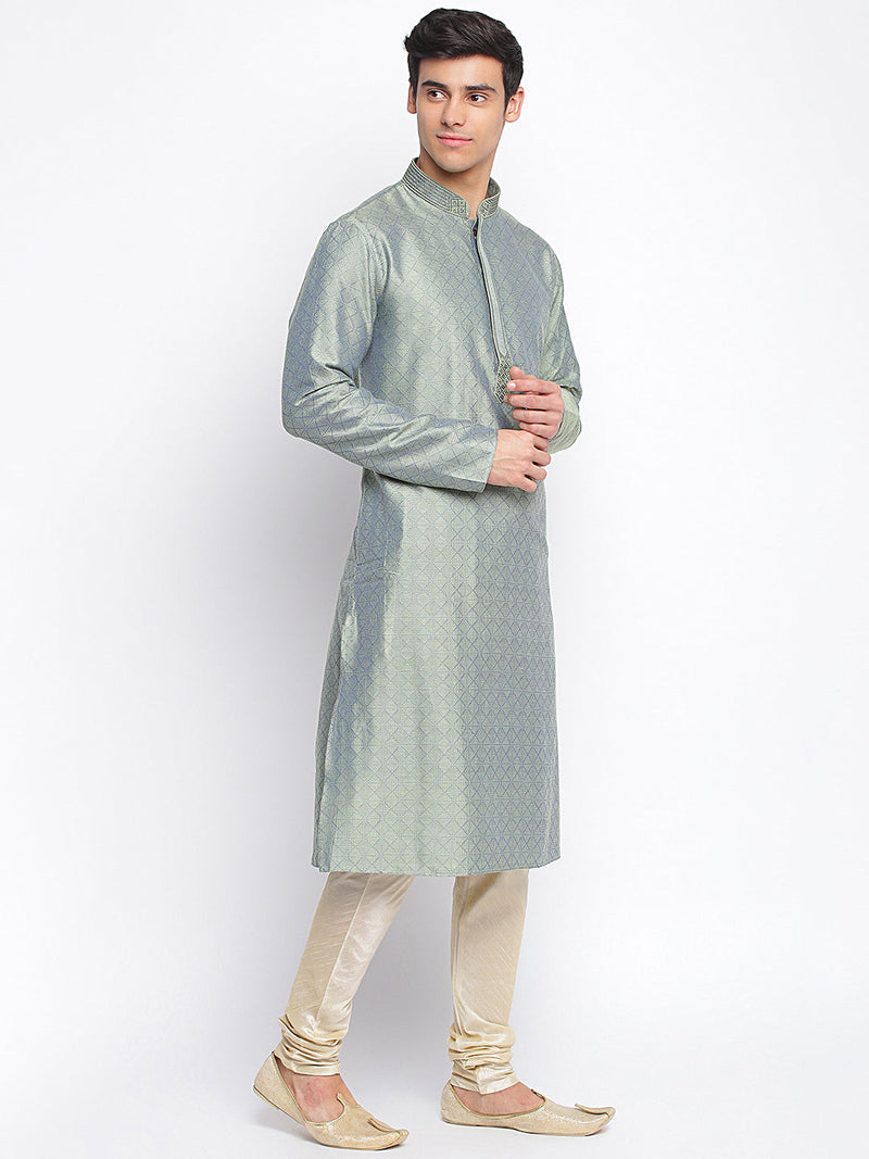 grey woven pattern straight kurta for men sanwara