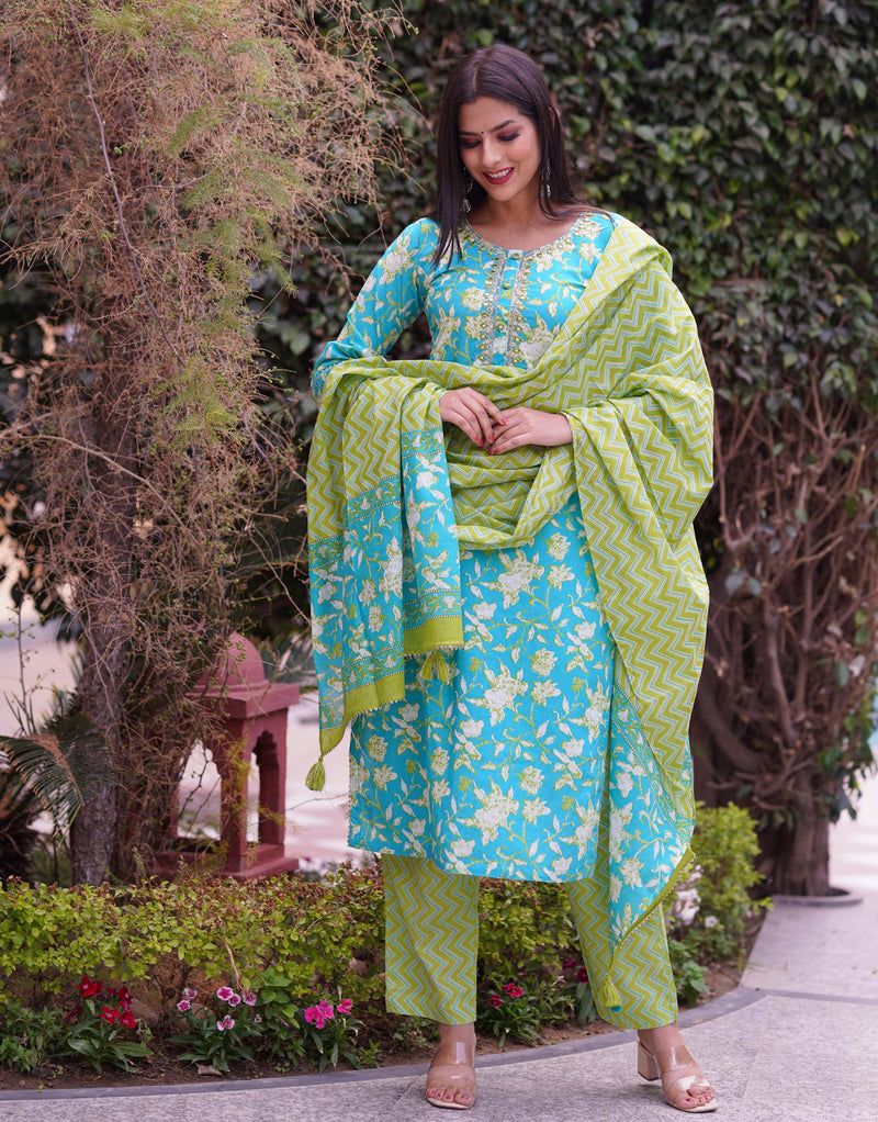 Contemporary Blue And Green Suit Set