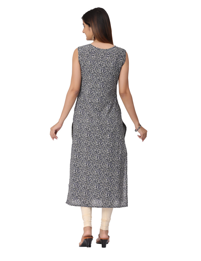 Dark Grey Small Floral Printed Straight Cut Kurti With Coconut Buttons & Tassels At Yoke