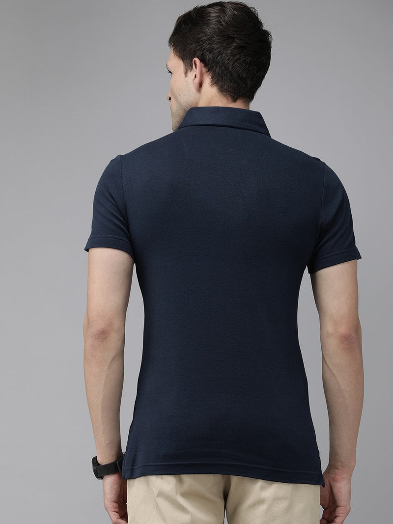 shop royta navy blue polo collar pure cotton slim fit t-shirt