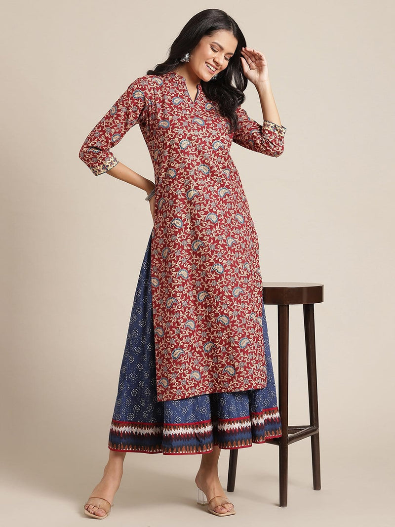 maroon kalamkari printed kurta with embellished yoke and sleeves online purchase