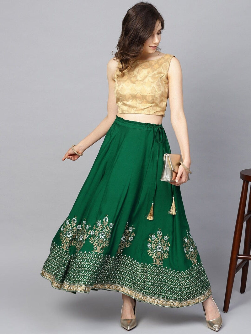 varanga ksut green gold coloured printed flared maxi skirt