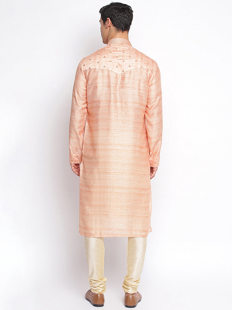 peach woven pattern straight ethnic kurta for men usa