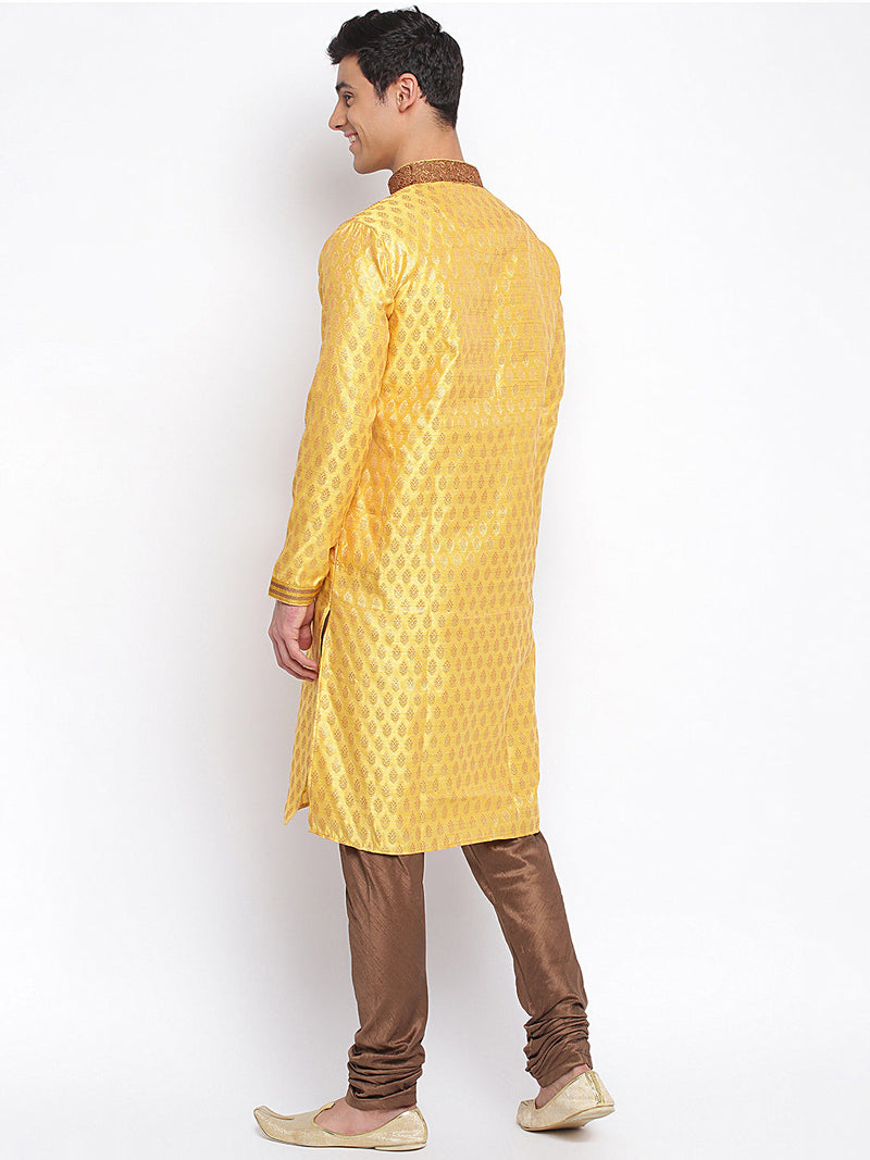 yellow woven pattern straight kurta for men usa