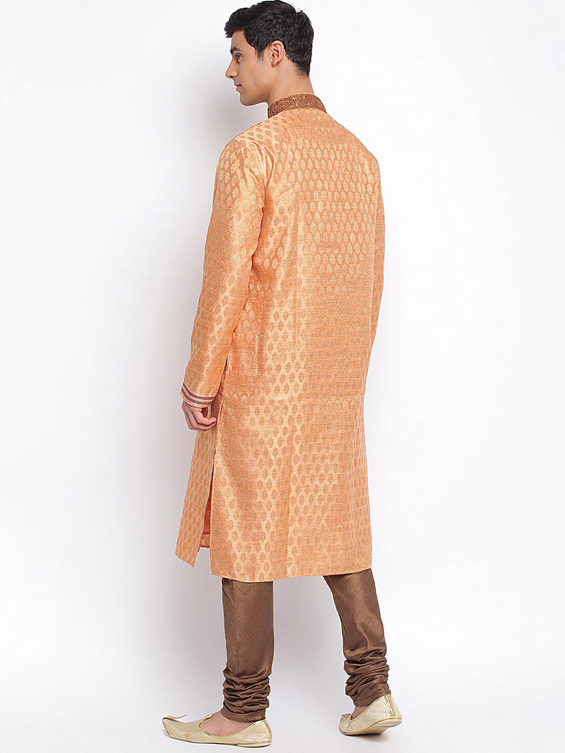 peach woven pattern straight kurta for men usa