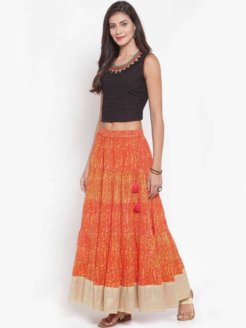 varanga ksut orange beige printed pure cotton flared tiered maxi skirt