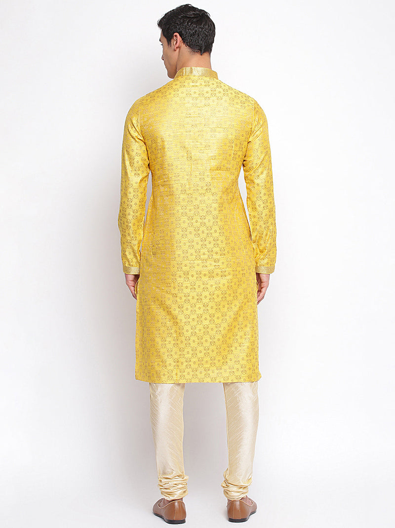 yellow woven full sleeve straight kurta men usa