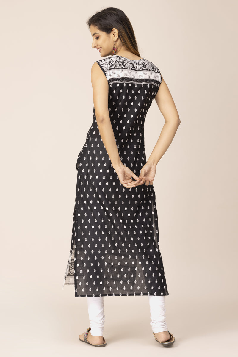 Black Straight Cut Ankel Kurta With White Printed Border along Gold Tassel Tieable At Neck