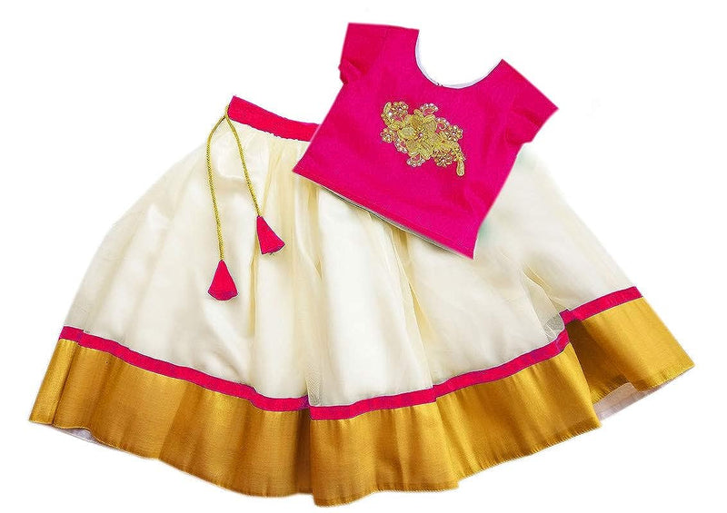 Kerala Kasavu Cotton Baby Girl ONAM Lehenga Choli Set - Rain Pink