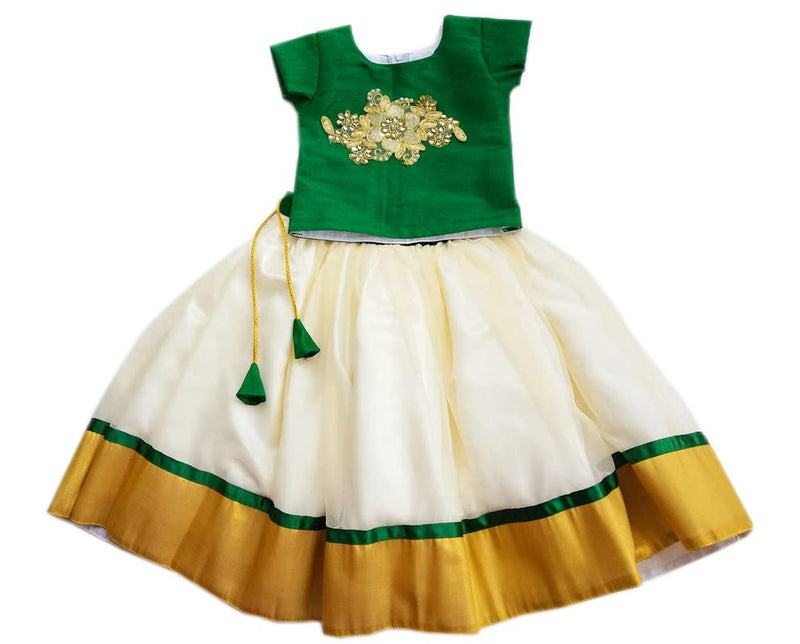 Baby Girl Net Readymade Kerala Lehenga Choli - Green