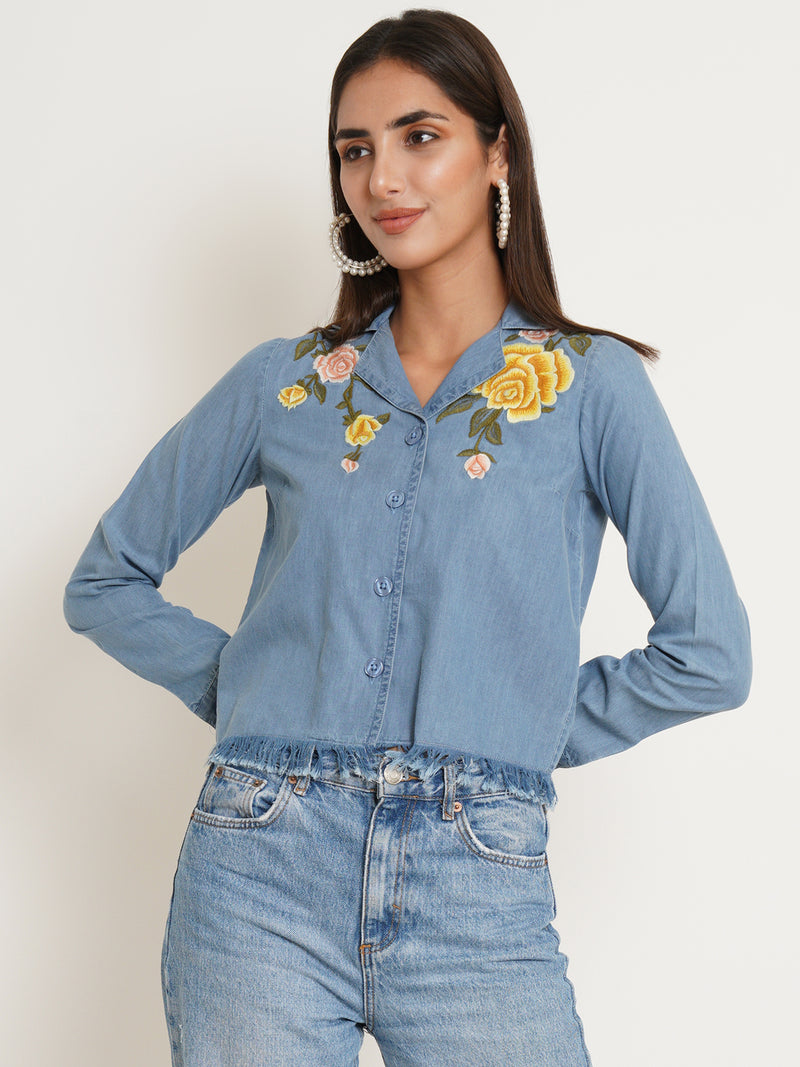 9 impression blue floral embroidered cotton denim casual shirt