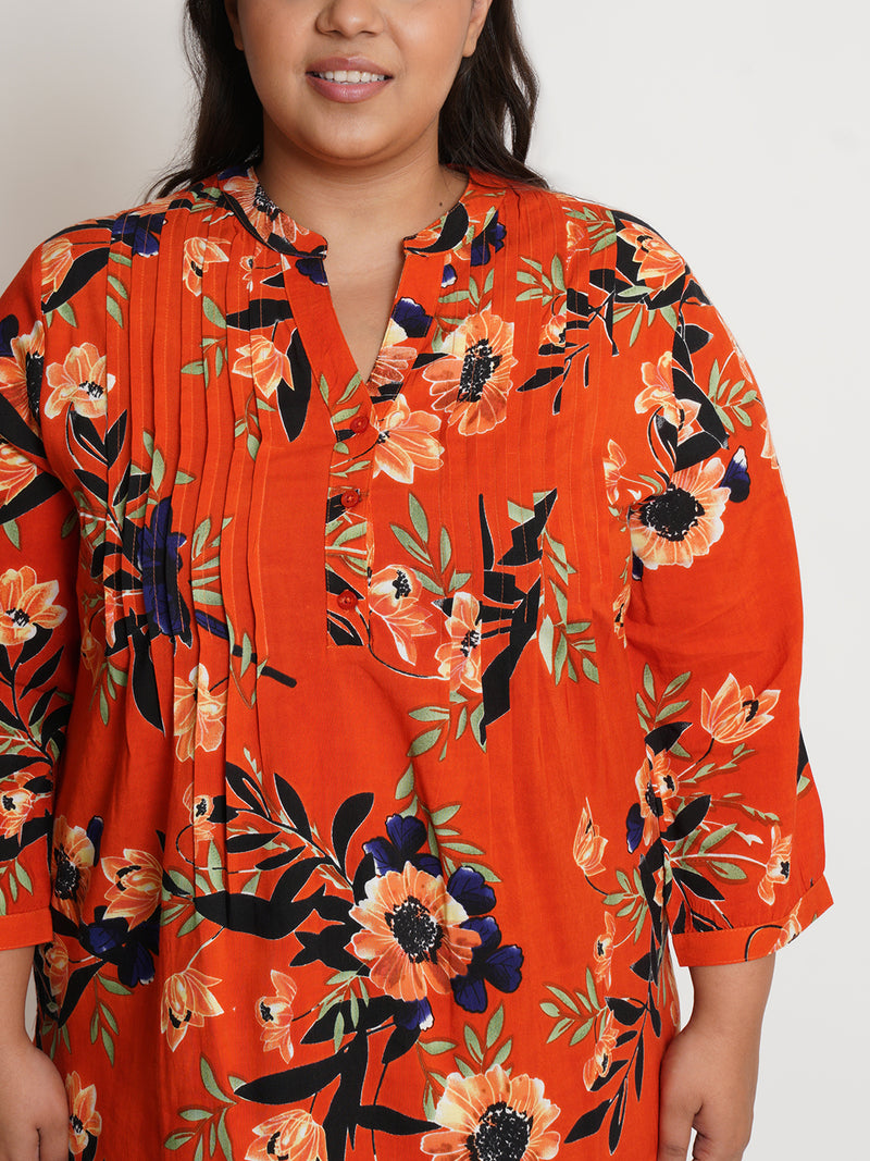 women plus size orange black floral printed mandarin collar longline top