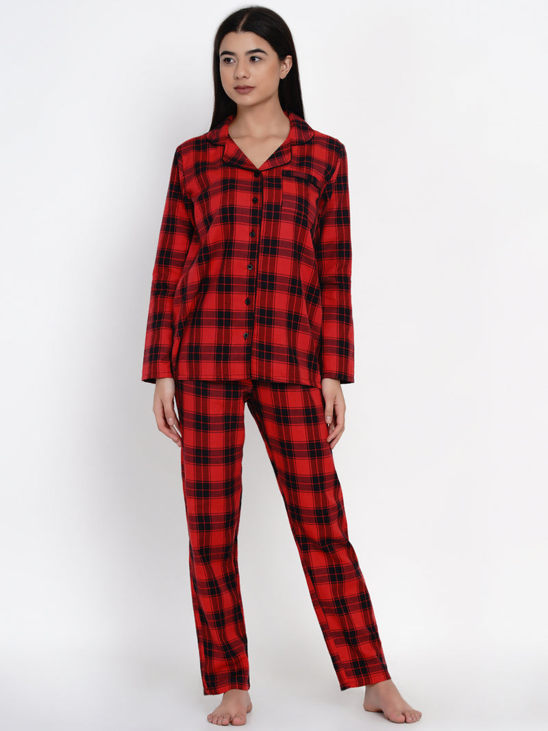 9impression black & red checkred pyjama & shirt night suit