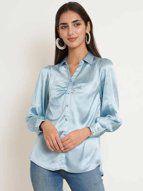 9 impression silver satin long sleeves collared shirt style top