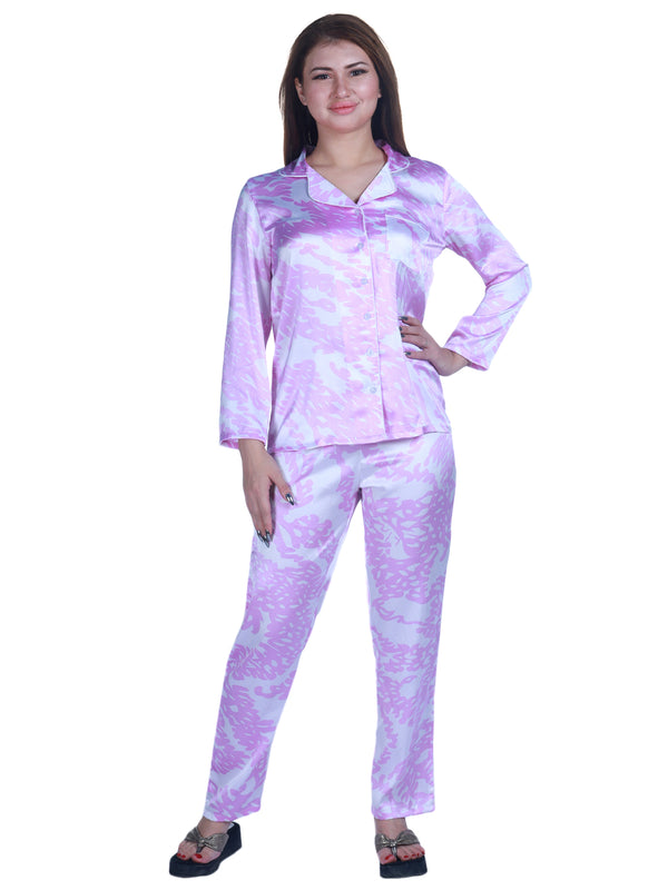9impression satin purple & white printed shirt & pyjama set