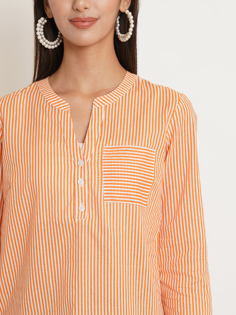 buy orange white striped mandarin collar longline top with pocket