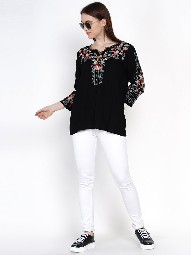 casual 3/4 sleeve embroidered black top 9impression