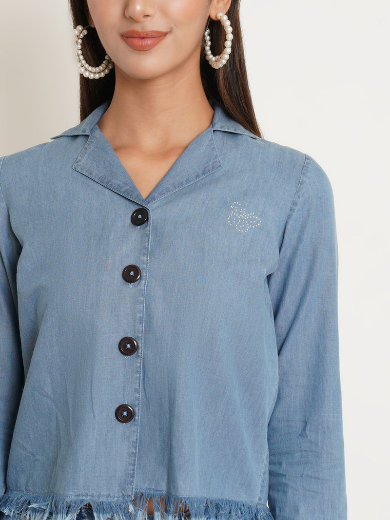 buy blue  embroidered denim solid shirt style top