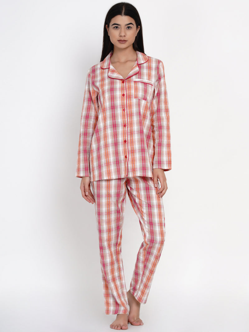 9impression pink & white checkred pyjama & shirt night suit set
