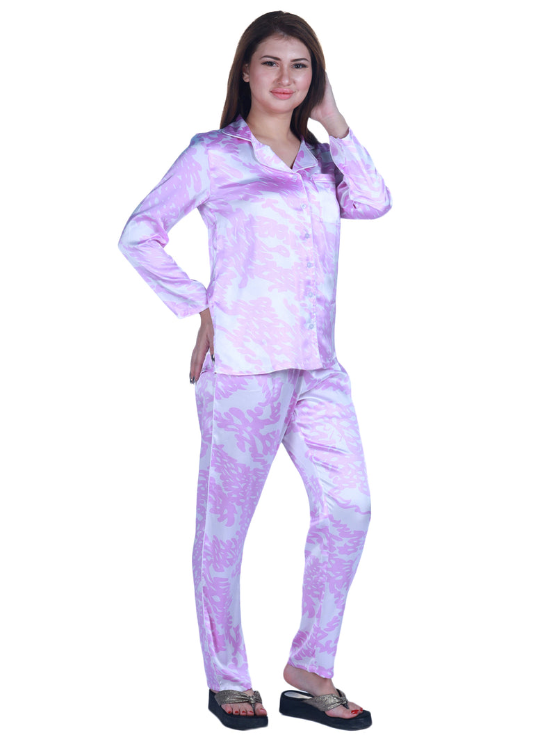 satin purple & white printed shirt & pyjama set 9impression