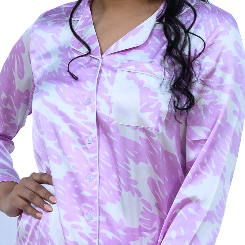 satin purple & white printed shirt & pyjama set women shopping