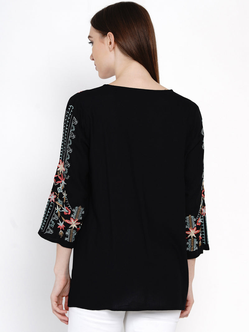 casual 3/4 sleeve embroidered women black top