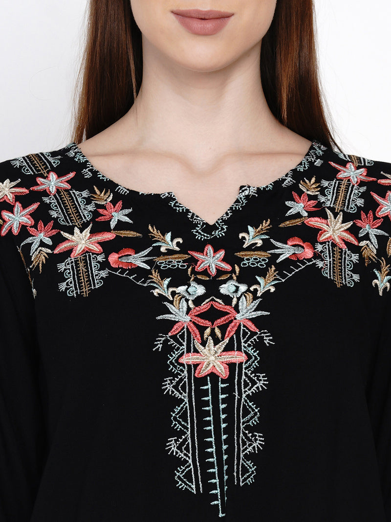 casual 3/4 sleeve embroidered black top women shopping