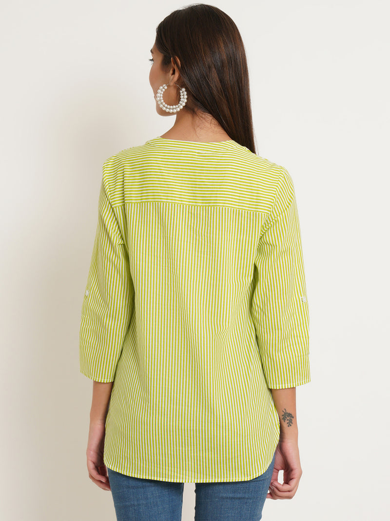 women green white striped mandarin collar longline top with pocket