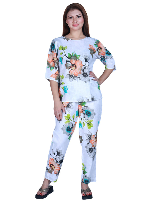 9impression white floral print pyjama & top night suit set
