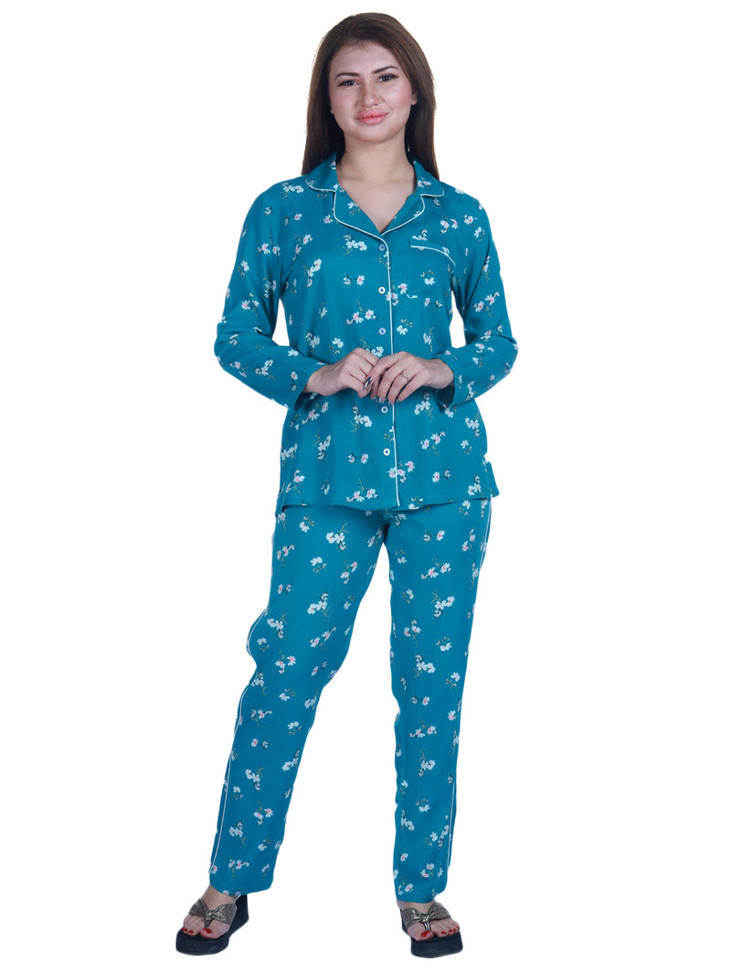 9impression viscose green with disty flower print night suit set