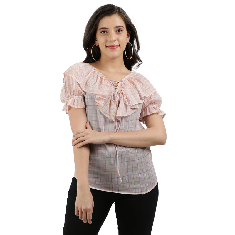 9impression casual puff sleeve checkered pink top