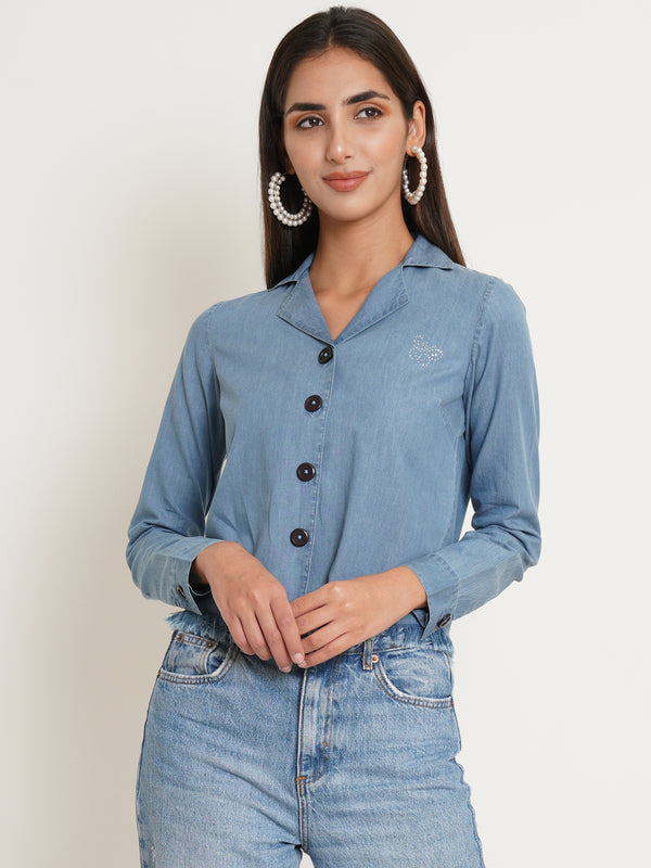 9 impression blue  embroidered denim solid shirt style top