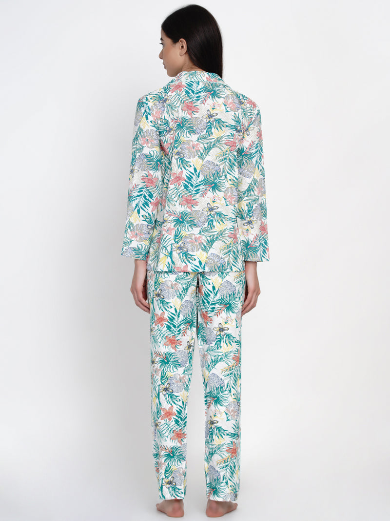 viscose printed pyjama & shirt night suit set