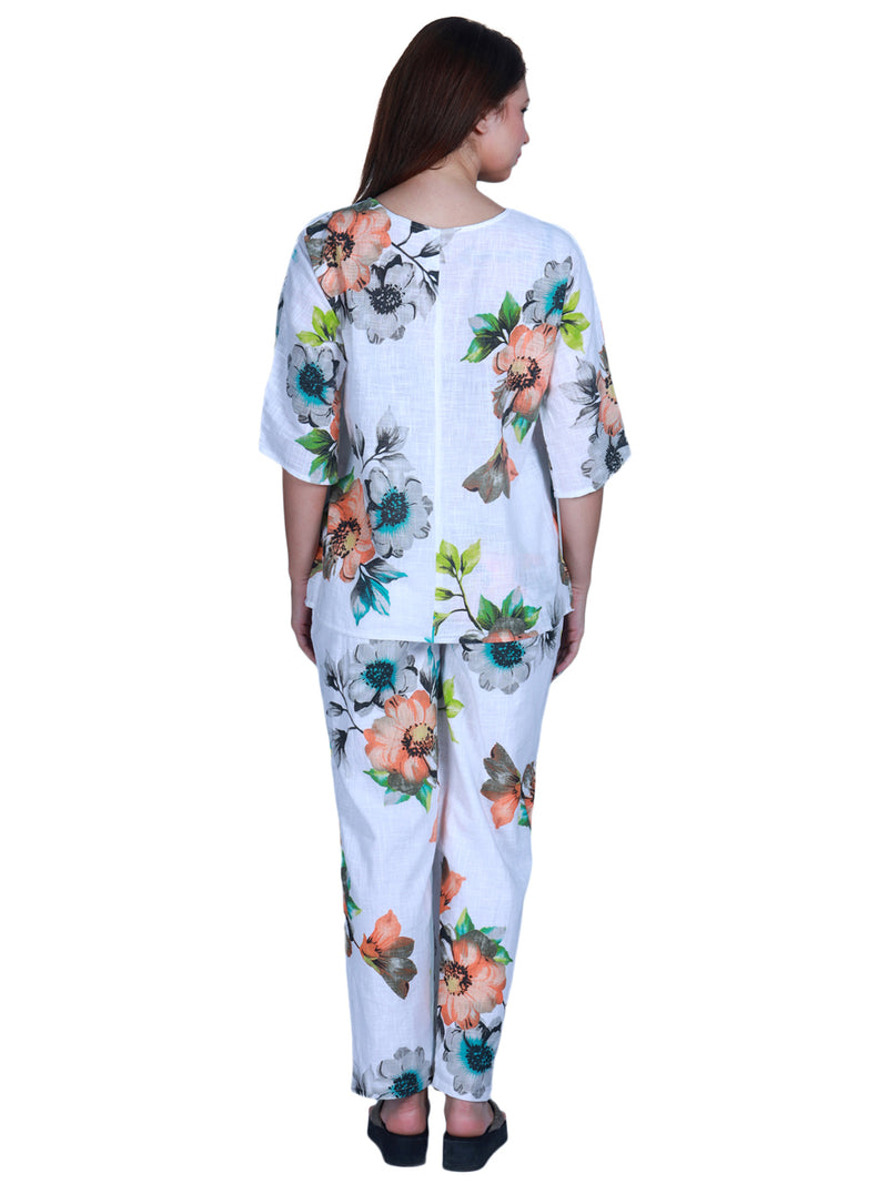 women white floral print pyjama & top night suit set 