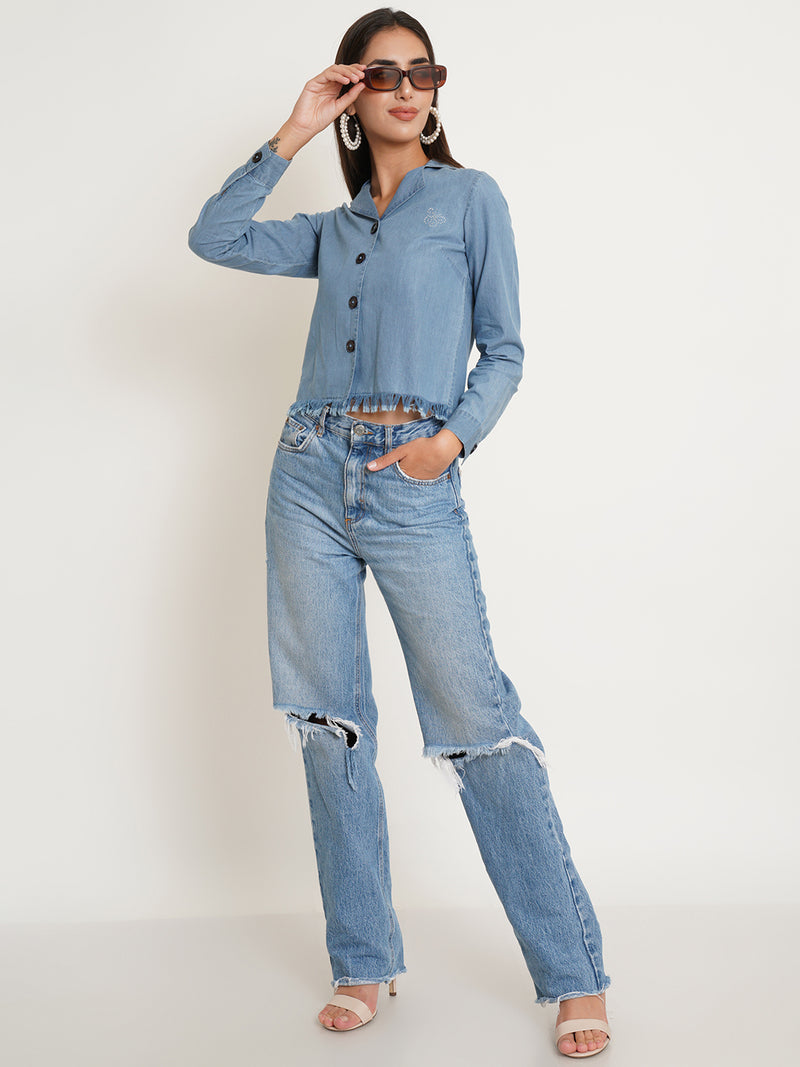 shop blue  embroidered denim solid shirt style top