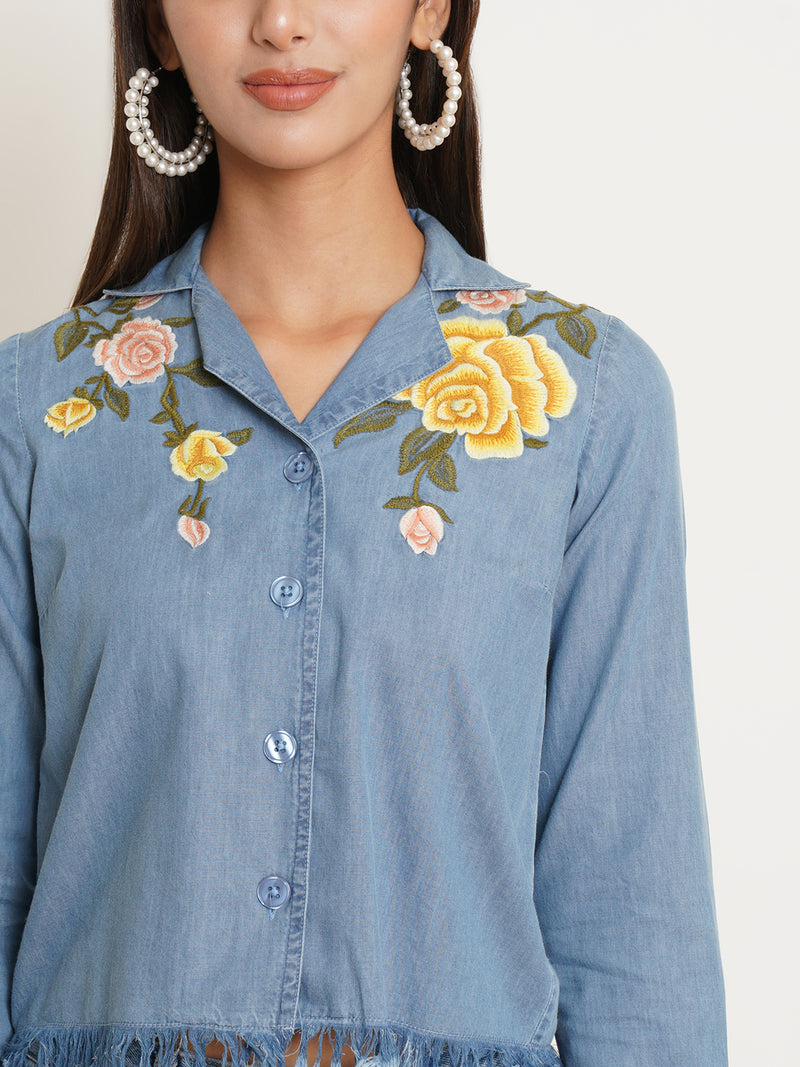 buy blue floral embroidered cotton denim casual shirt