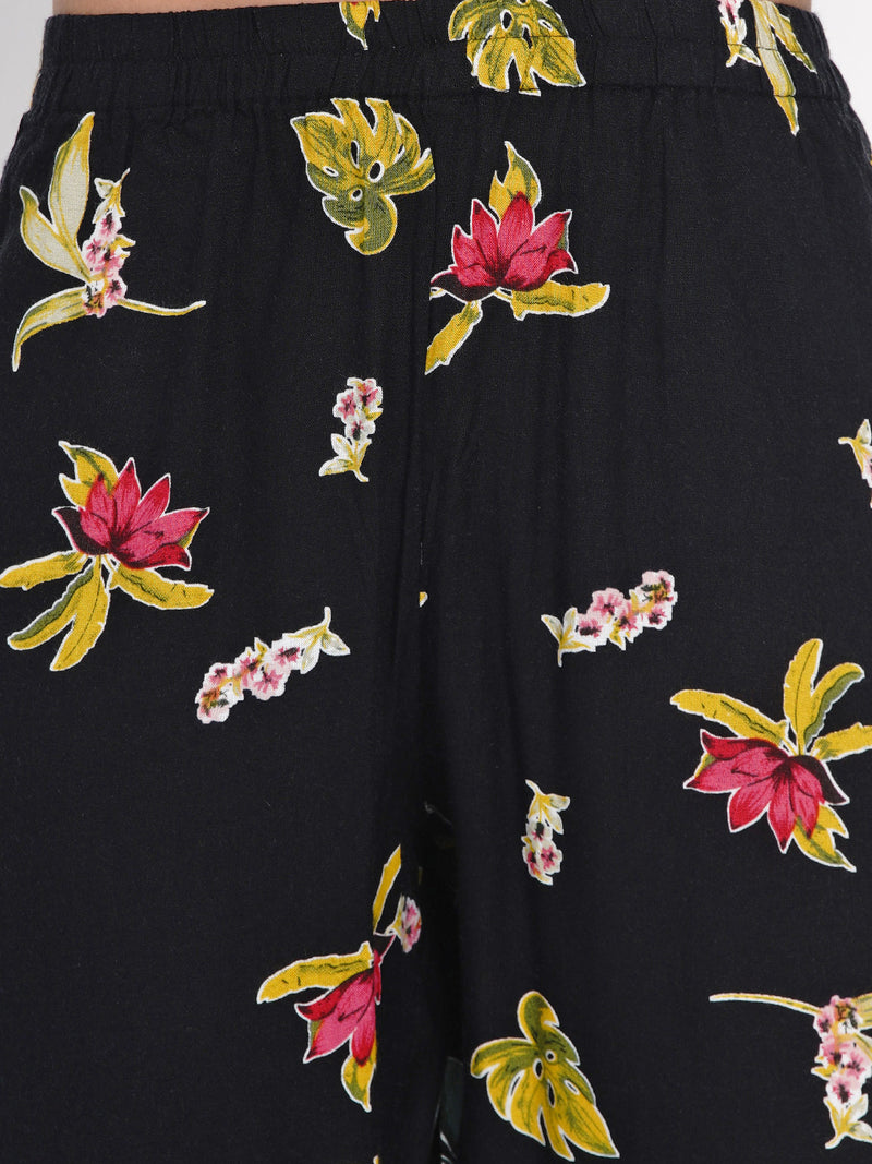  women viscose floral print pyjama & shirt black night suit set 