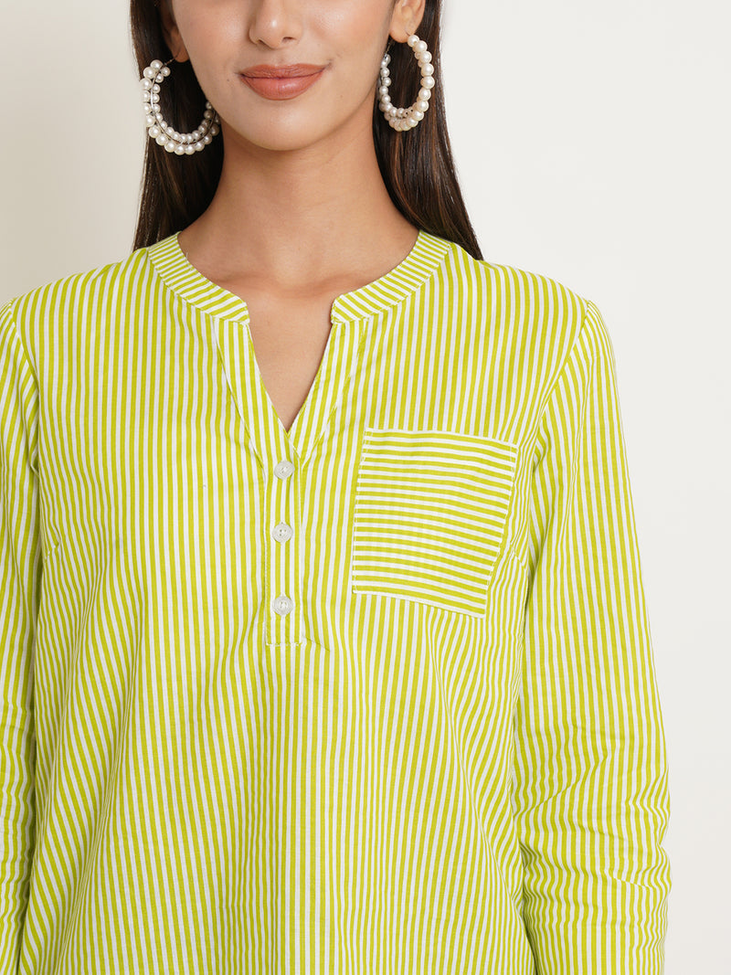 buy green white striped mandarin collar longline top with pocket